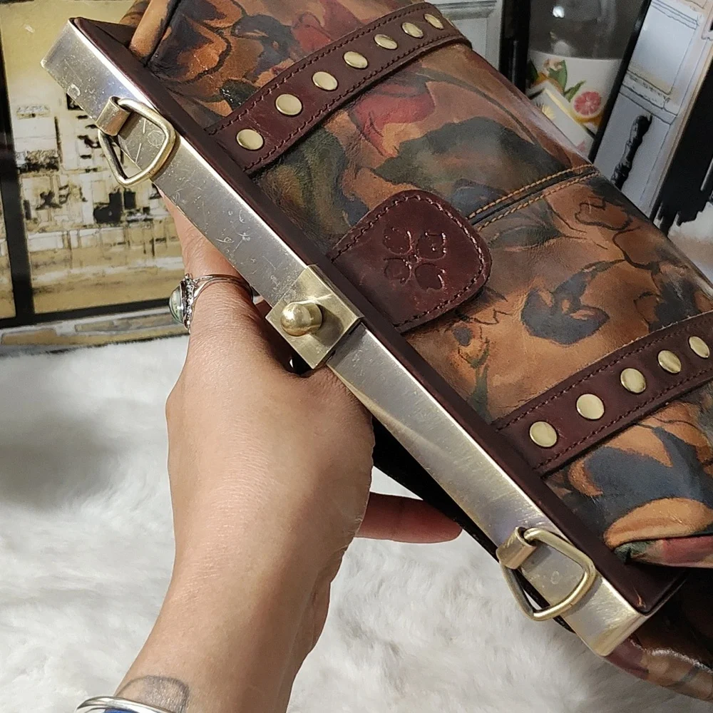 Patricia Nash Floral Painted Leather Satchel in Tan, Brown, Green, Red - Picture 3 of 15